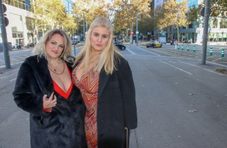 Obese blonde women tongue kiss and play with each others huge breasts